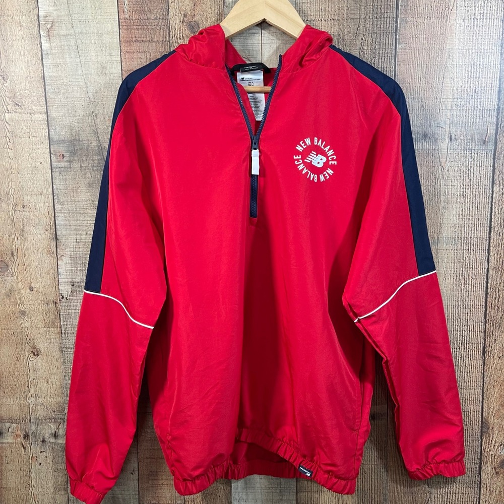 New Balance Sport Heritage Half Zip Windbreaker Hooded Jacket Red Blue Small